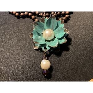 Brass & Metal Flower 34in Chain Necklace w/ Faux Pearls